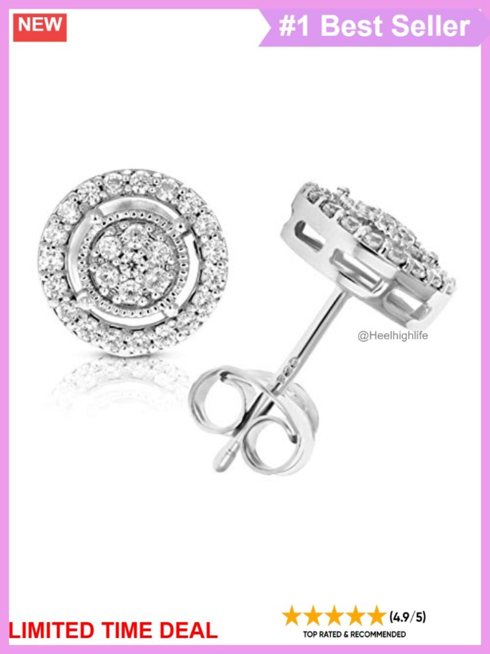 Round Diamond Stud Earrings Sterling Silver Rhodium 3/8 cttw Prong